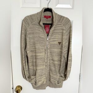 Guess Men's Beige and Brown Charlie Marled Full Zip-Up Mock Sweater